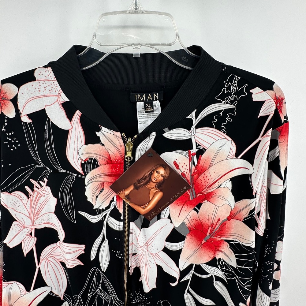 IMAN Global Chic Floral Bomber Jacket Black Red Tropical Lily Print Size XL NWT - Picture 10 of 14